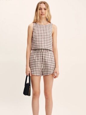 Posse Brown and White Plaid High-Waist Shorts